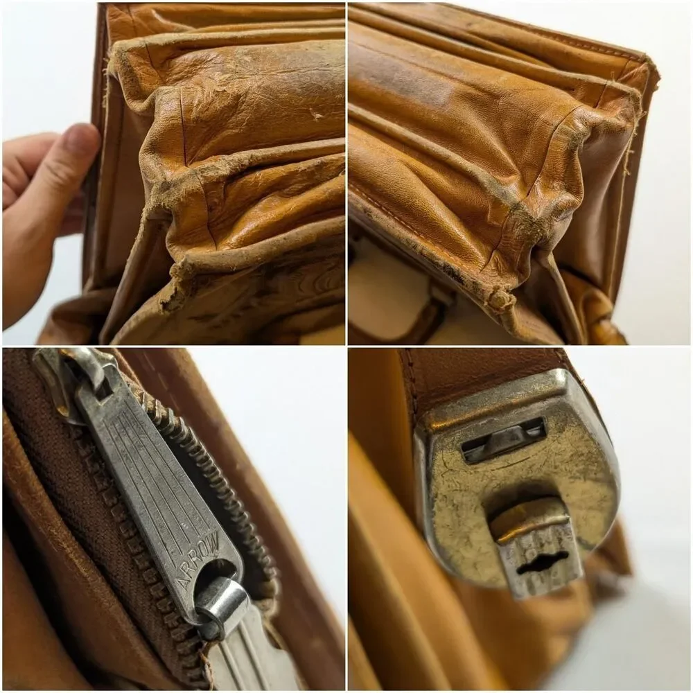 Vintage 1960s Mexican Hand Tooled Leather Briefcase Handbag Aztec